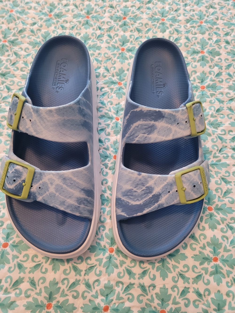 Skechers Blue and White Slide Sandals with Lime Buckles. Womens Size 10